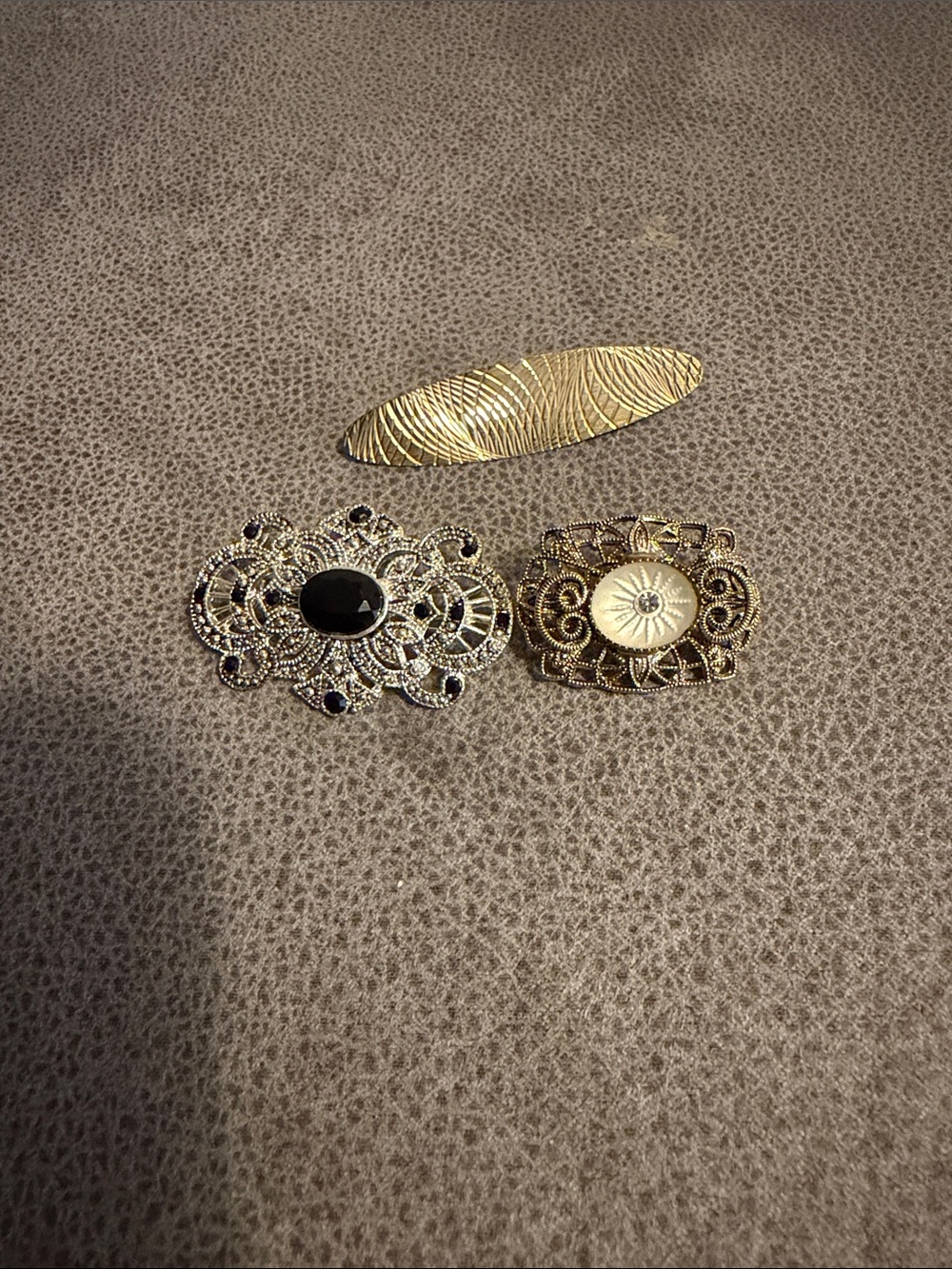 Gold-Tone Vintage Style Filigree Brooch Set with Black Accent